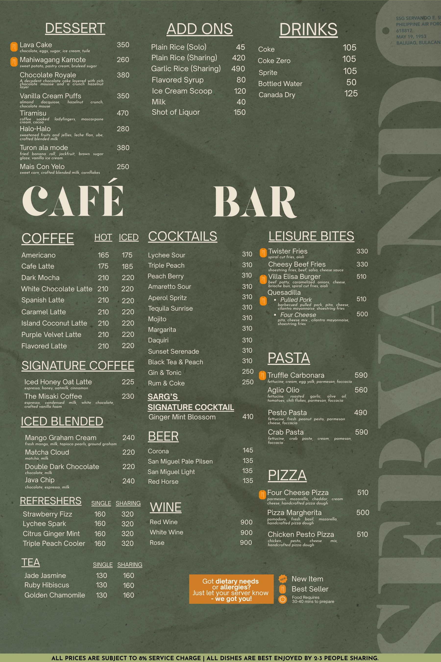 Servando Botolan menu, page 2: dessert, add ons, drinks, coffee, cocktails, beer, wine, leisure bites, pasta, pizza