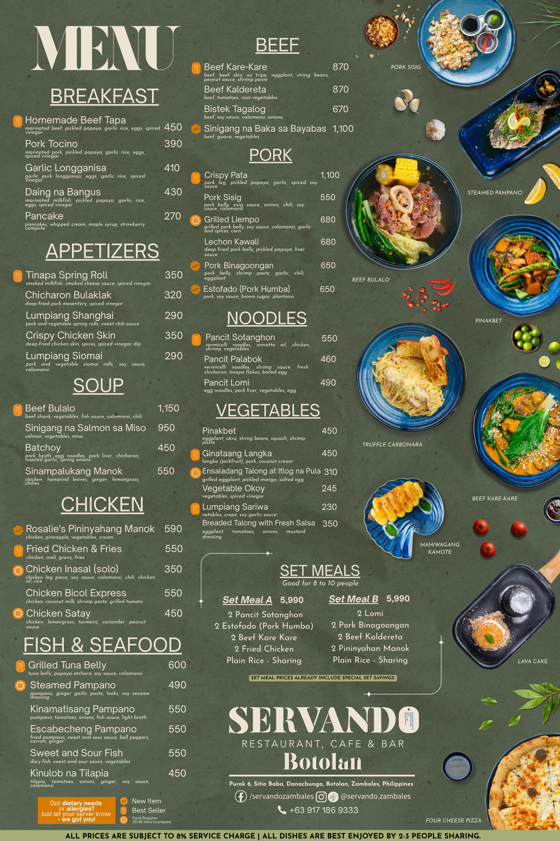 Servando Botolan menu, page 1: breakfast, appetizers, soup, chicken, fish, beef, pork, noodles, vegetables, set meals